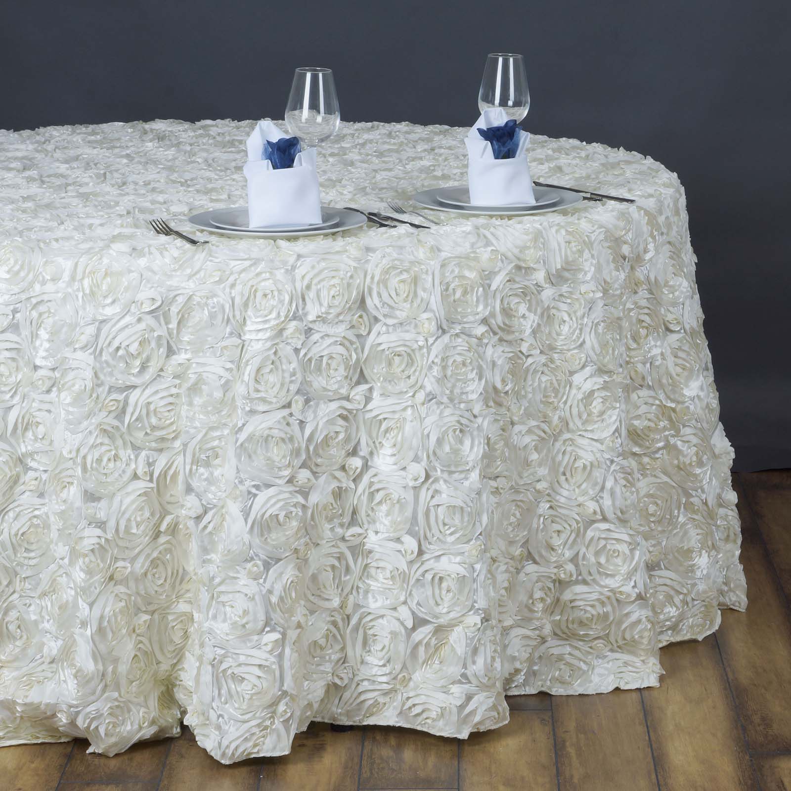 Satin 132" Round Tablecloth Ivory - Seamless Grandiose 3D Rosette Table Cover