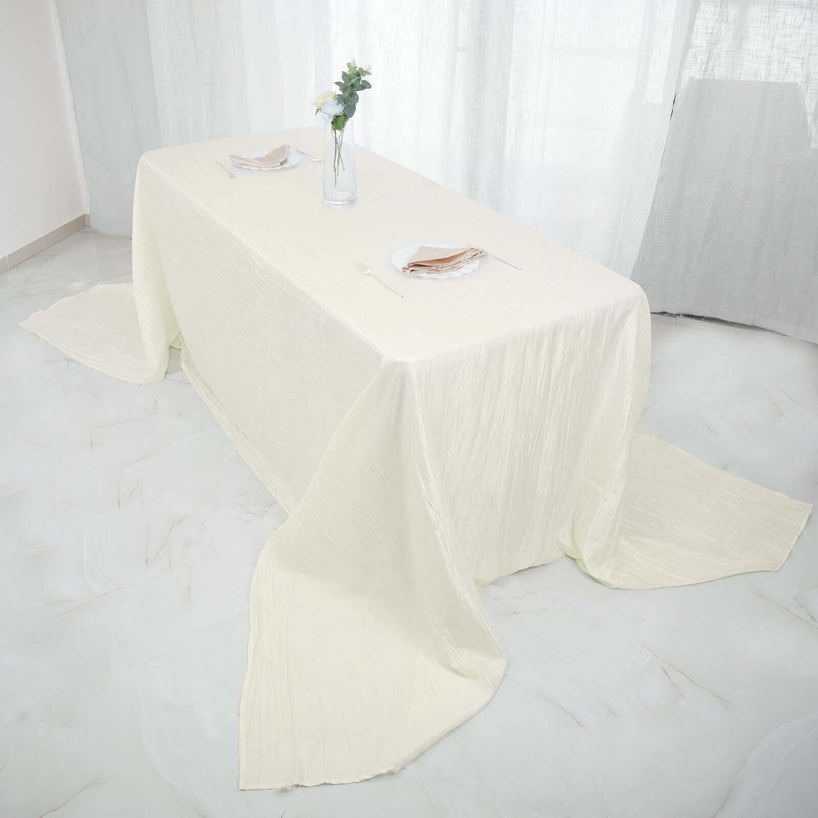Taffeta 90"x156" Rectangle Tablecloth Ivory - Accordion Crinkle Seamless Table Cover