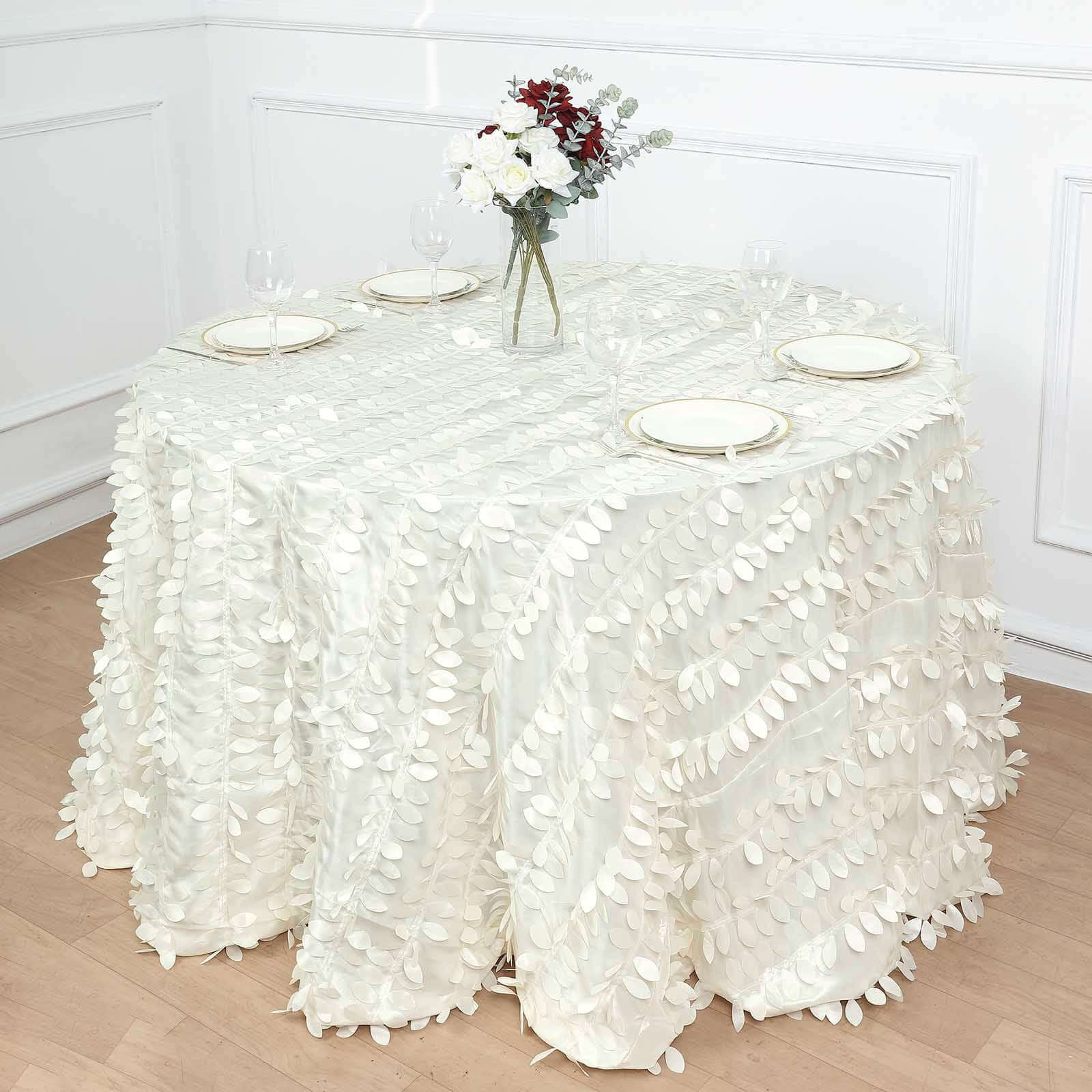 Taffeta 120" Round Tablecloth Ivory | 3D Leaf Petal Design Seamless Table Cover