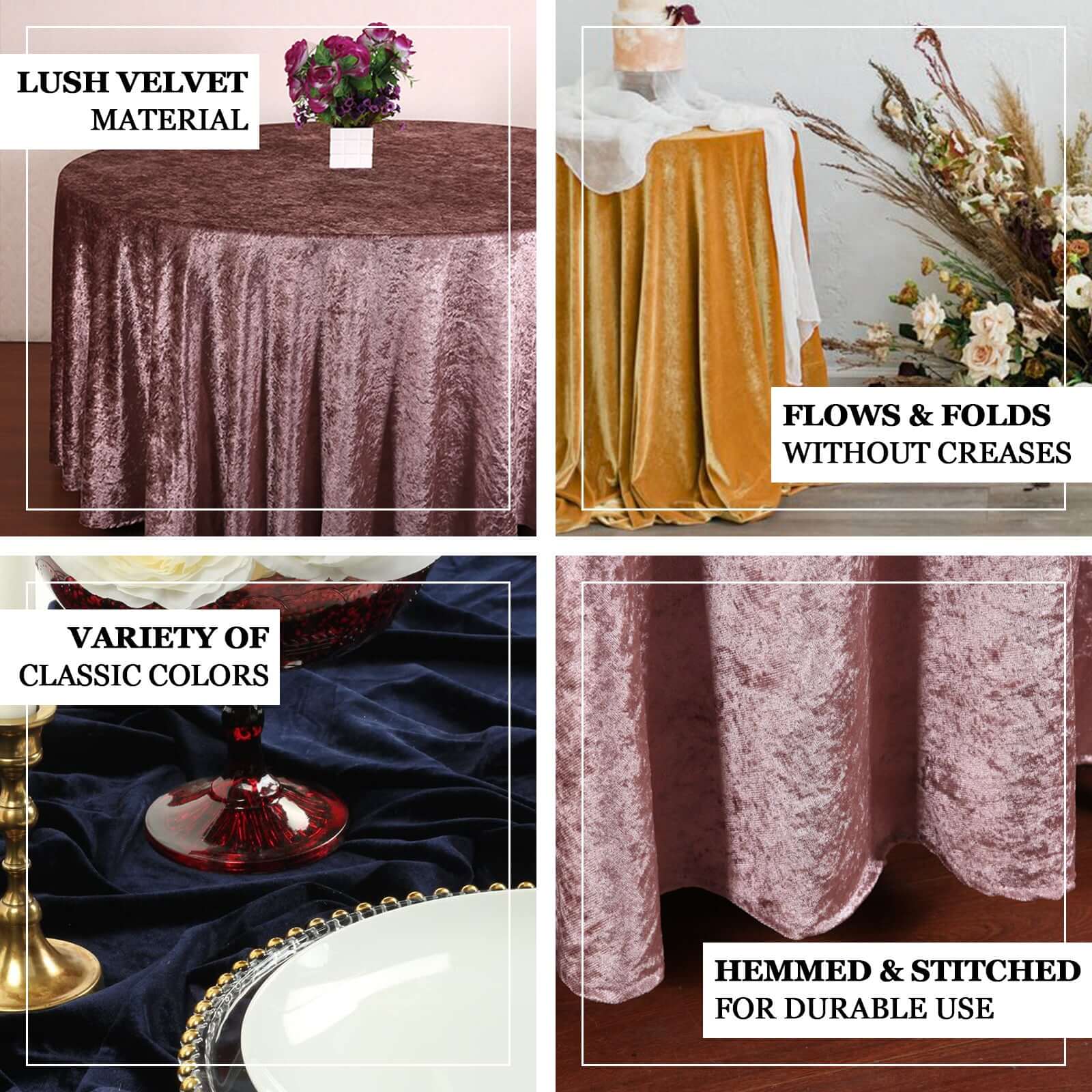 Premium Velvet 120" Round Tablecloth Mauve - Reusable Soft & Seamless Table Cover