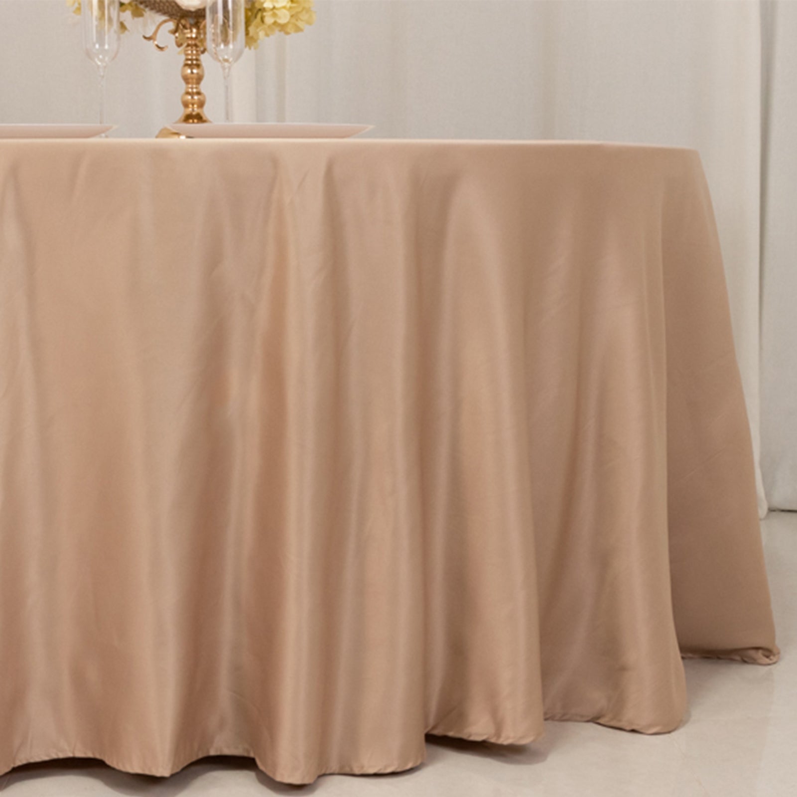 Lamour Satin 120" Round Tablecloth Nude - Seamless Table Cover with Soft Tempered Sheen