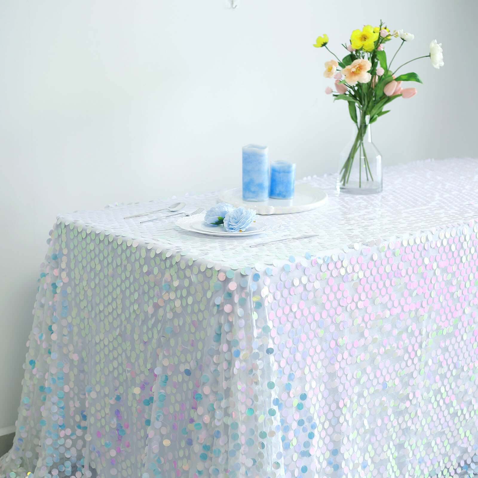 Sequin 90"x132" Rectangle Tablecloth Iridescent Blue - Seamless Big Payette Table Cover