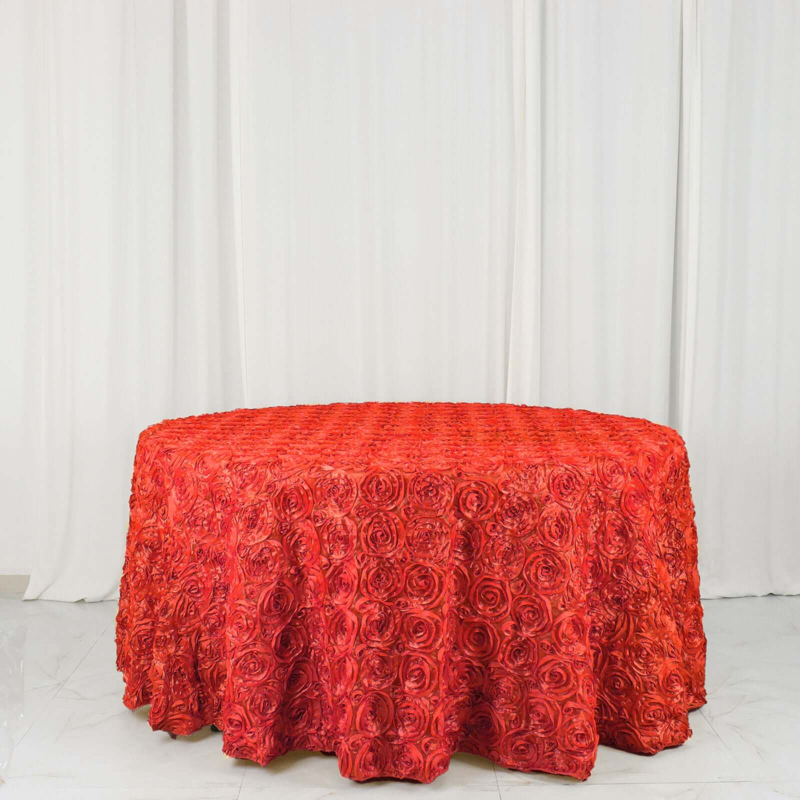 Satin 120" Round Tablecloth Red - Grandiose 3D Rosette with Seamless Finish Table Cover