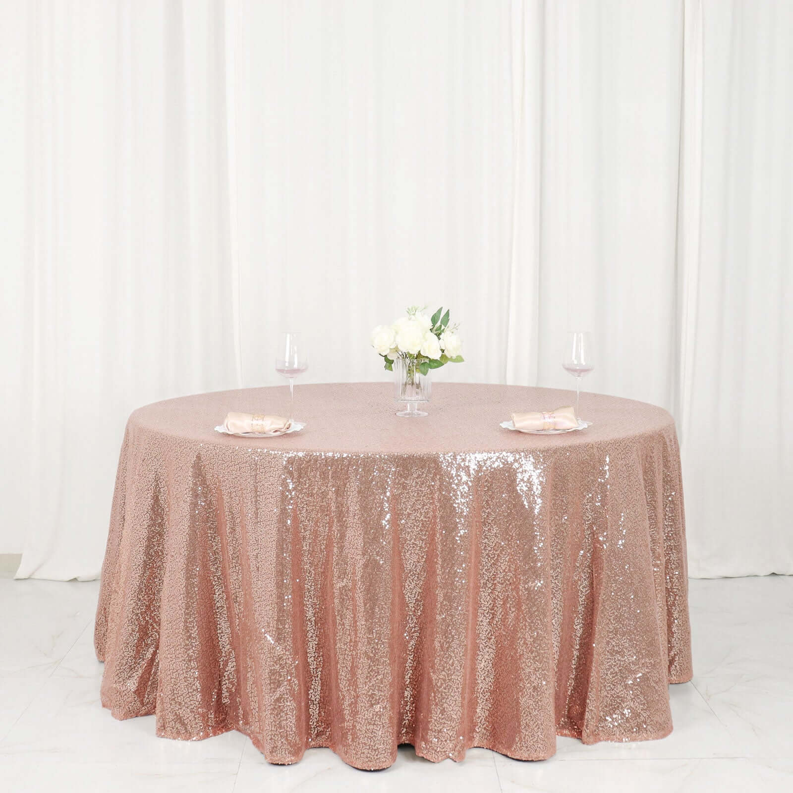 Sequin 120" Round Tablecloth Rose Gold - Seamless Glittering Table Cover