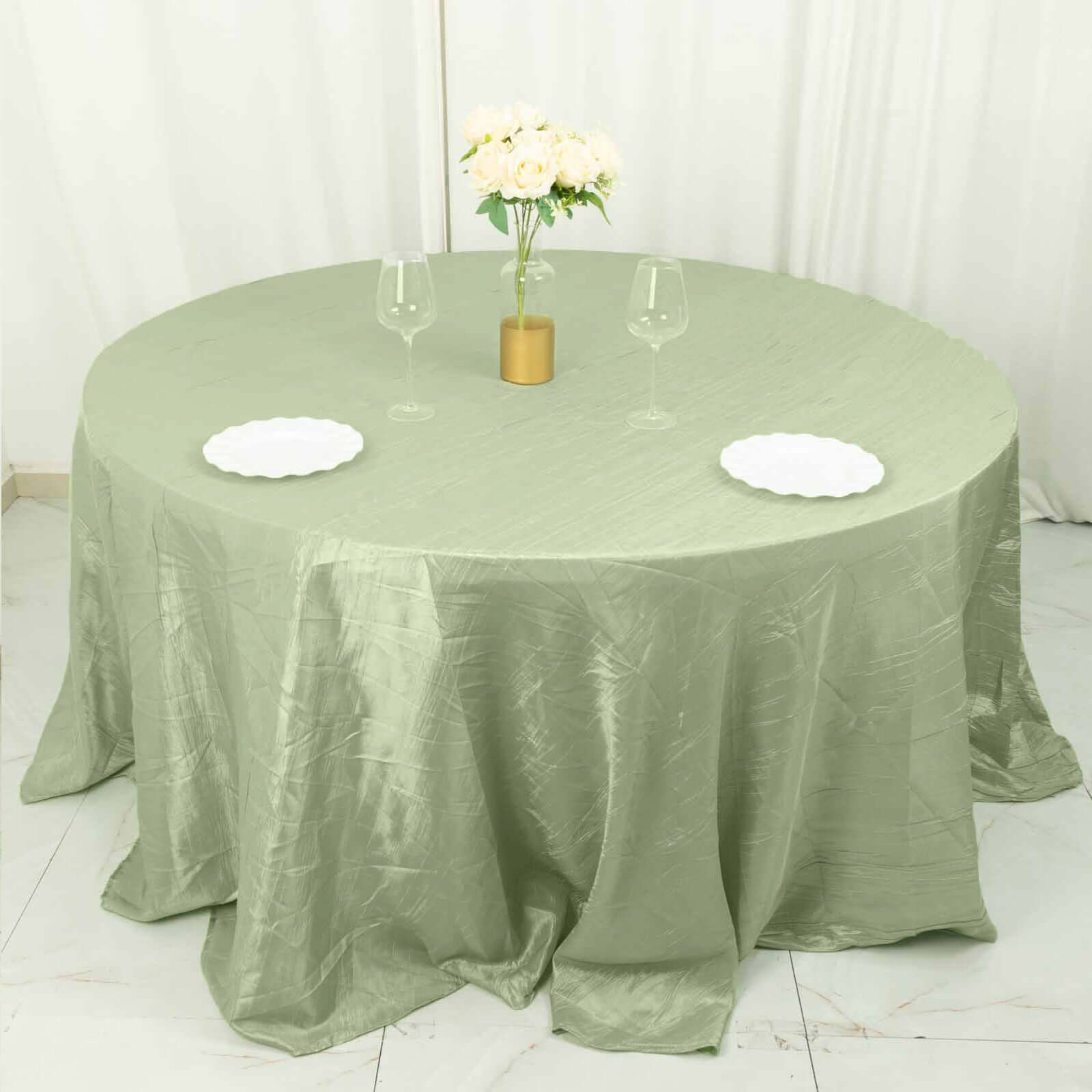 Taffeta 132" Round Tablecloth Sage Green - Seamless Accordion Crinkle Table Cover
