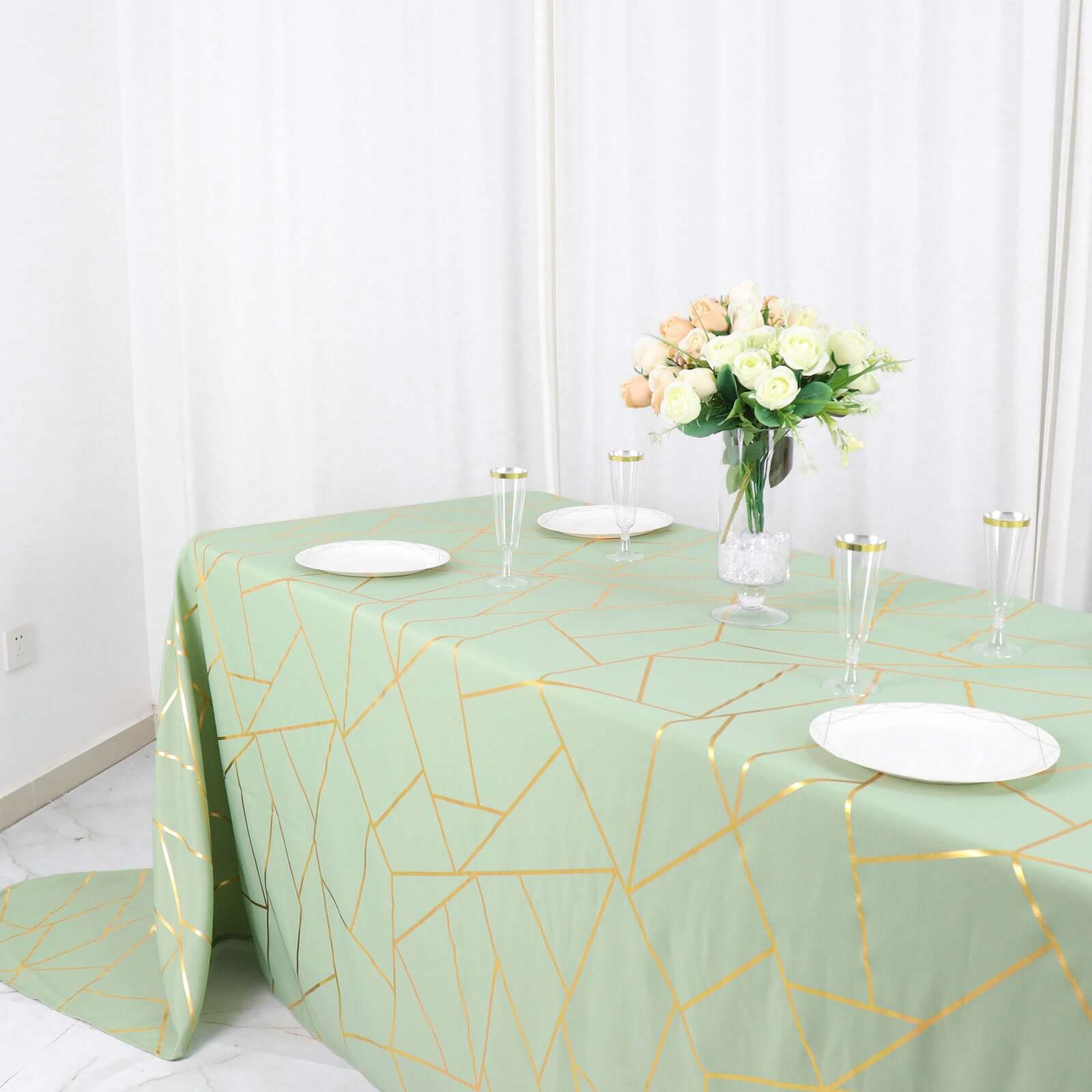 Polyester 90"x156" Rectangle Tablecloth Sage Green Seamless with Gold Foil Geometric Pattern - Wrinkle-Resistant Seamless Table Cover for Sophisticated Events