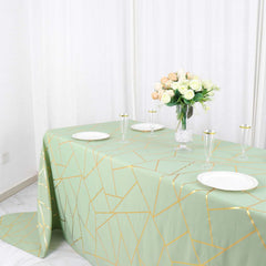 Polyester 90"x156" Rectangle Tablecloth Sage Green Seamless with Gold Foil Geometric Pattern - Wrinkle-Resistant Seamless Table Cover for Sophisticated Events