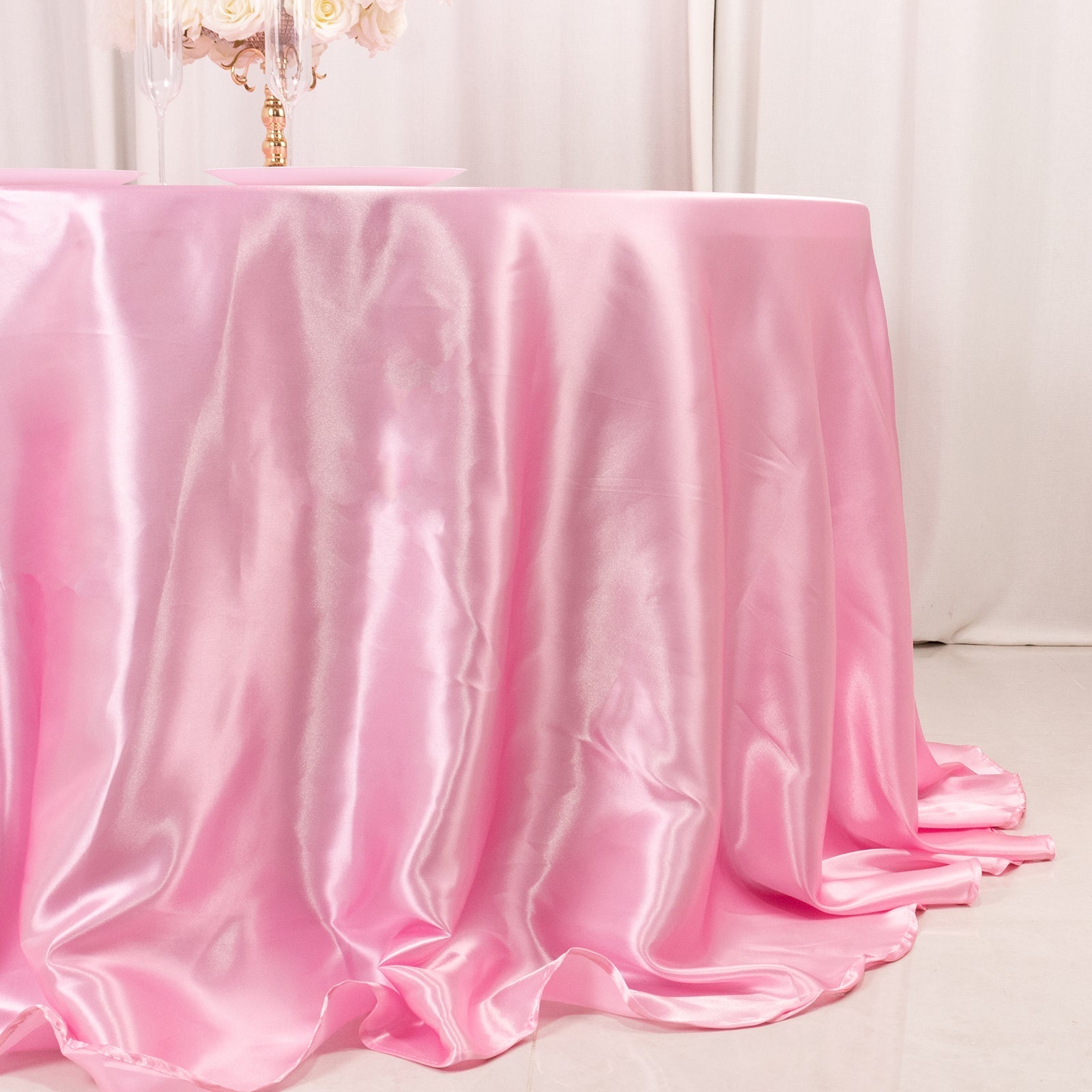 Satin 132" Round Tablecloth Pink - Stylish Seamless Table Cover