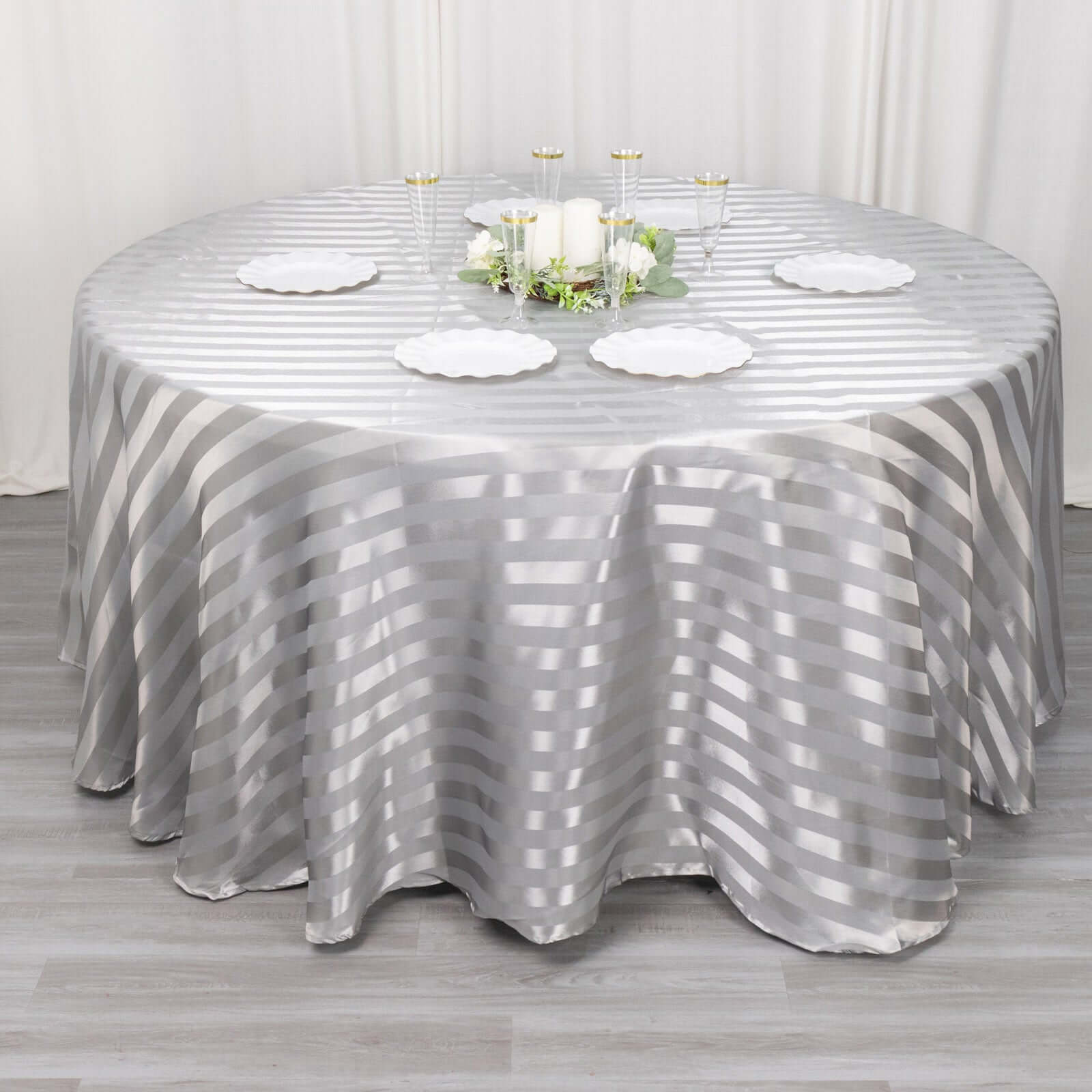 Satin Striped 120" Round Tablecloth Silver - Silky Smooth Seamless Table Cover