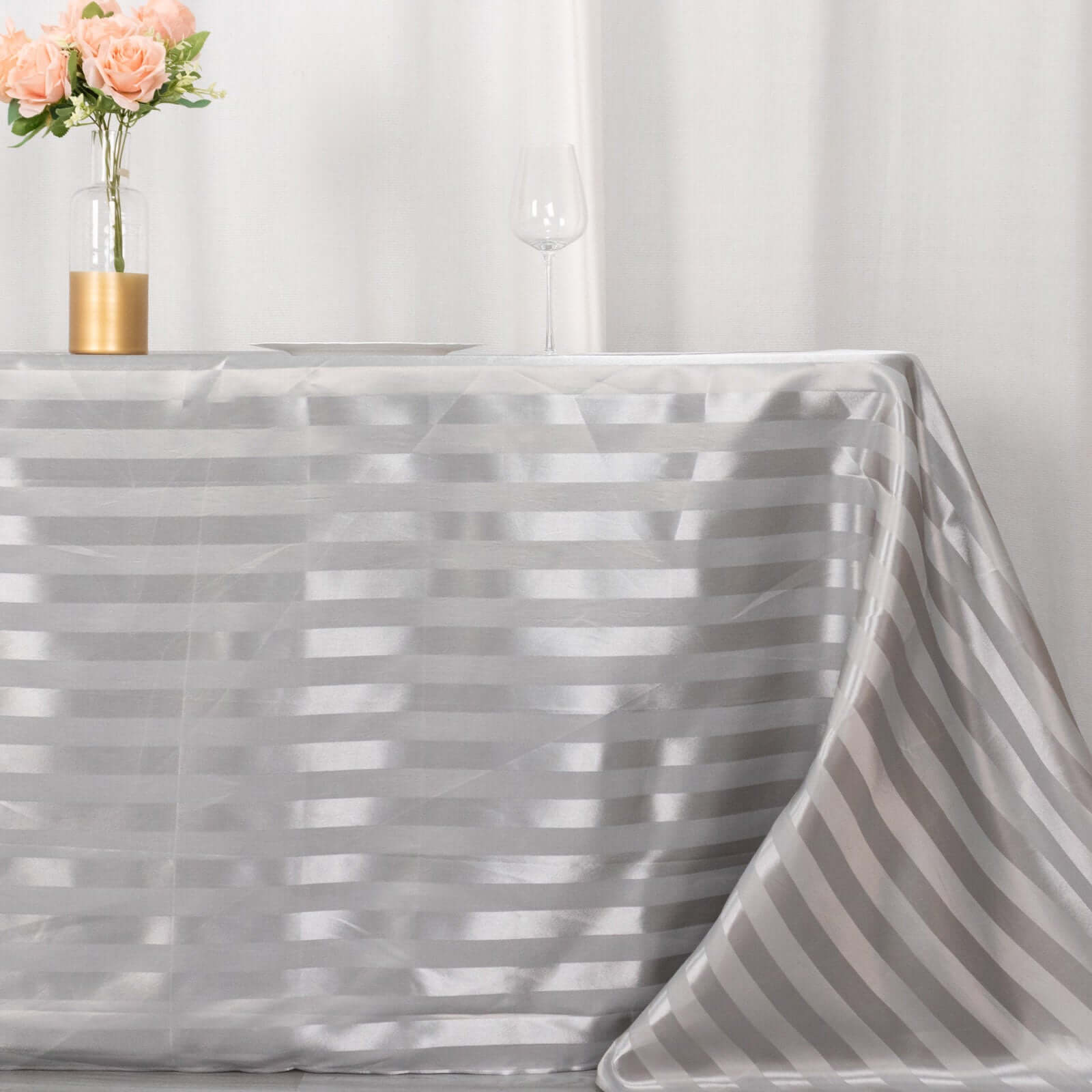 Satin Striped 90"x132" Rectangular Tablecloth Silver - Seamless Silky Smooth Table Cover