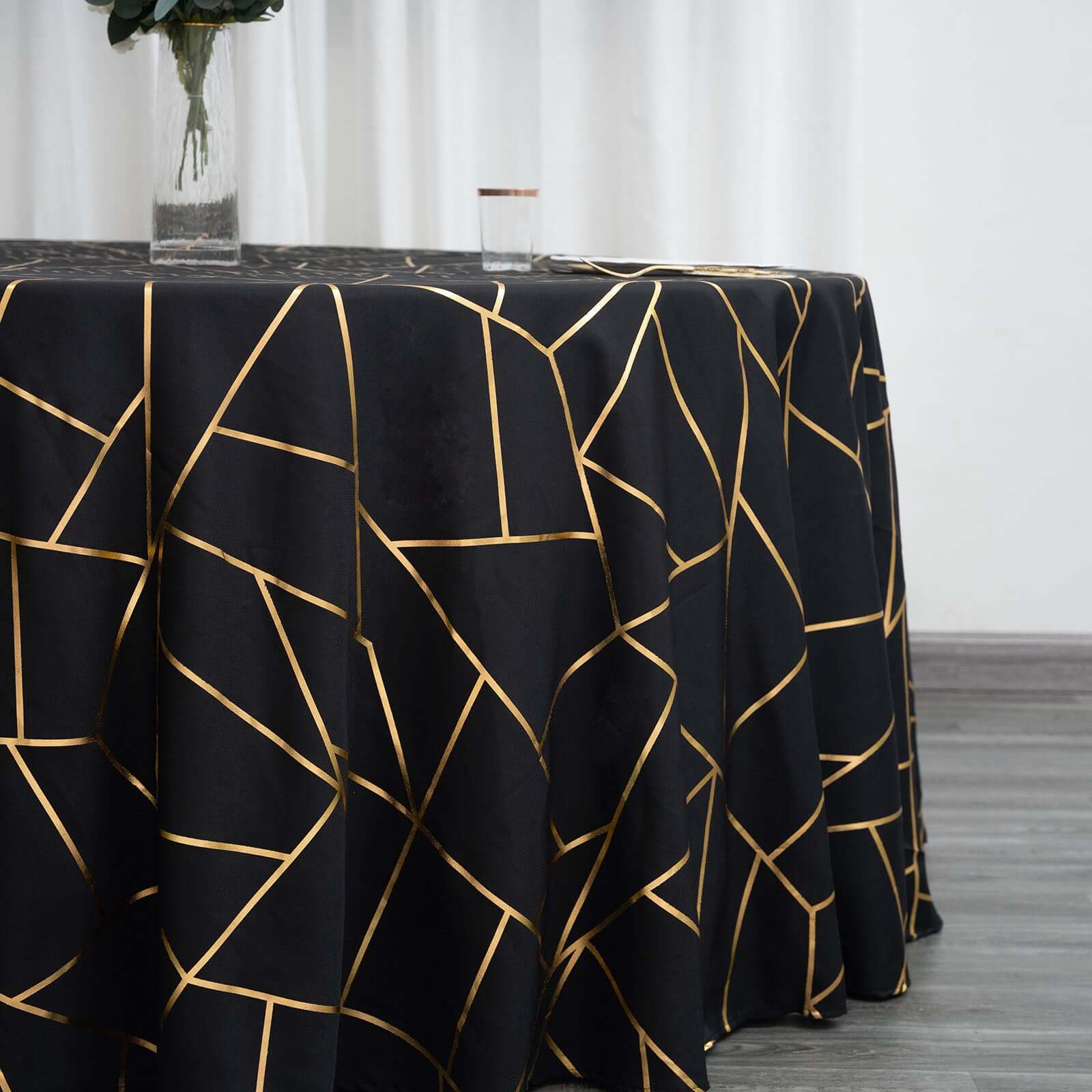 Polyester 120" Round Tablecloth Black with Gold Foil Geometric Pattern Wrinkle-Resistant Seamless Table Cover