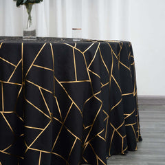 Polyester 120" Round Tablecloth Black with Gold Foil Geometric Pattern Wrinkle-Resistant Seamless Table Cover