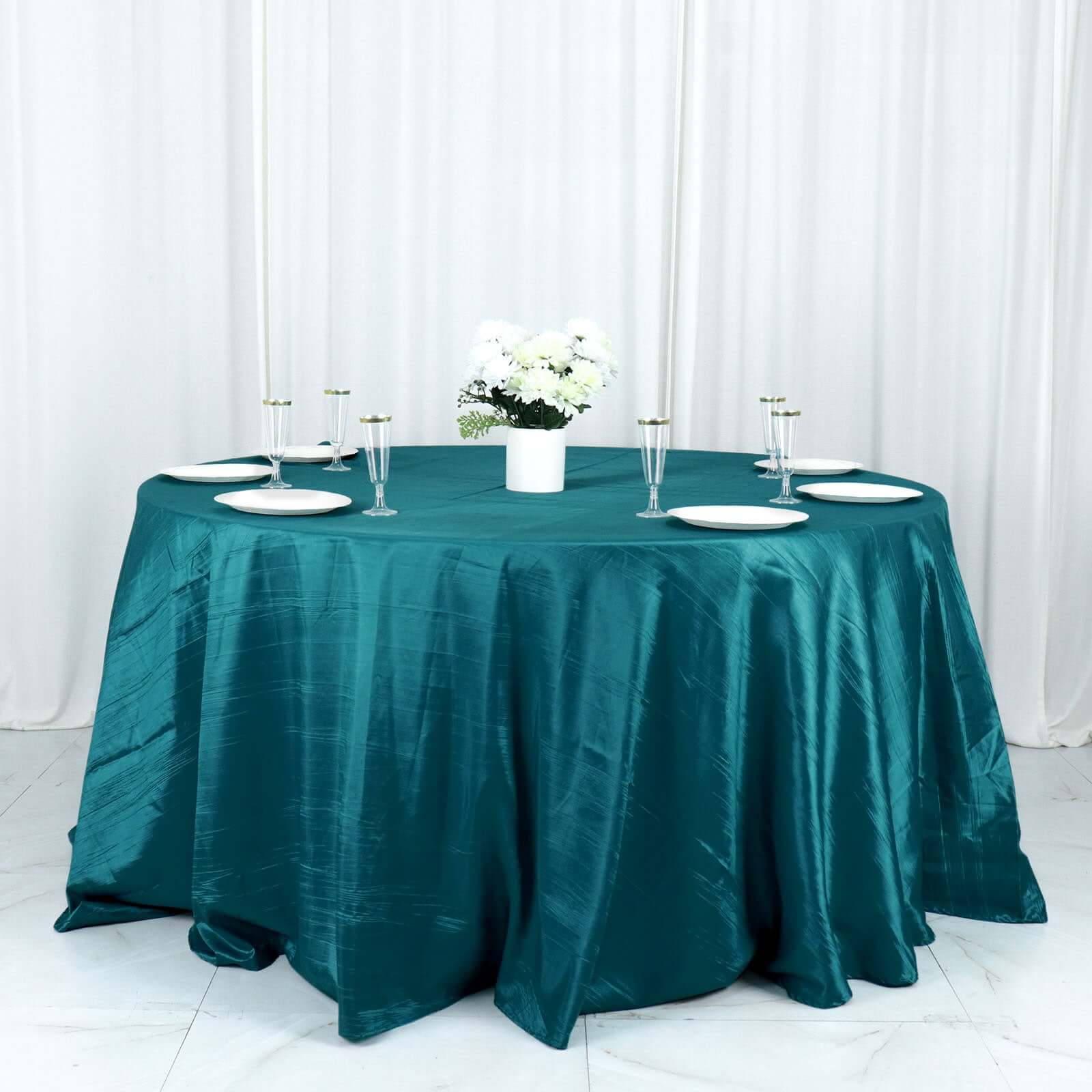 Taffeta 132" Round Tablecloth Peacock Teal - Seamless Accordion Crinkle Table Cover