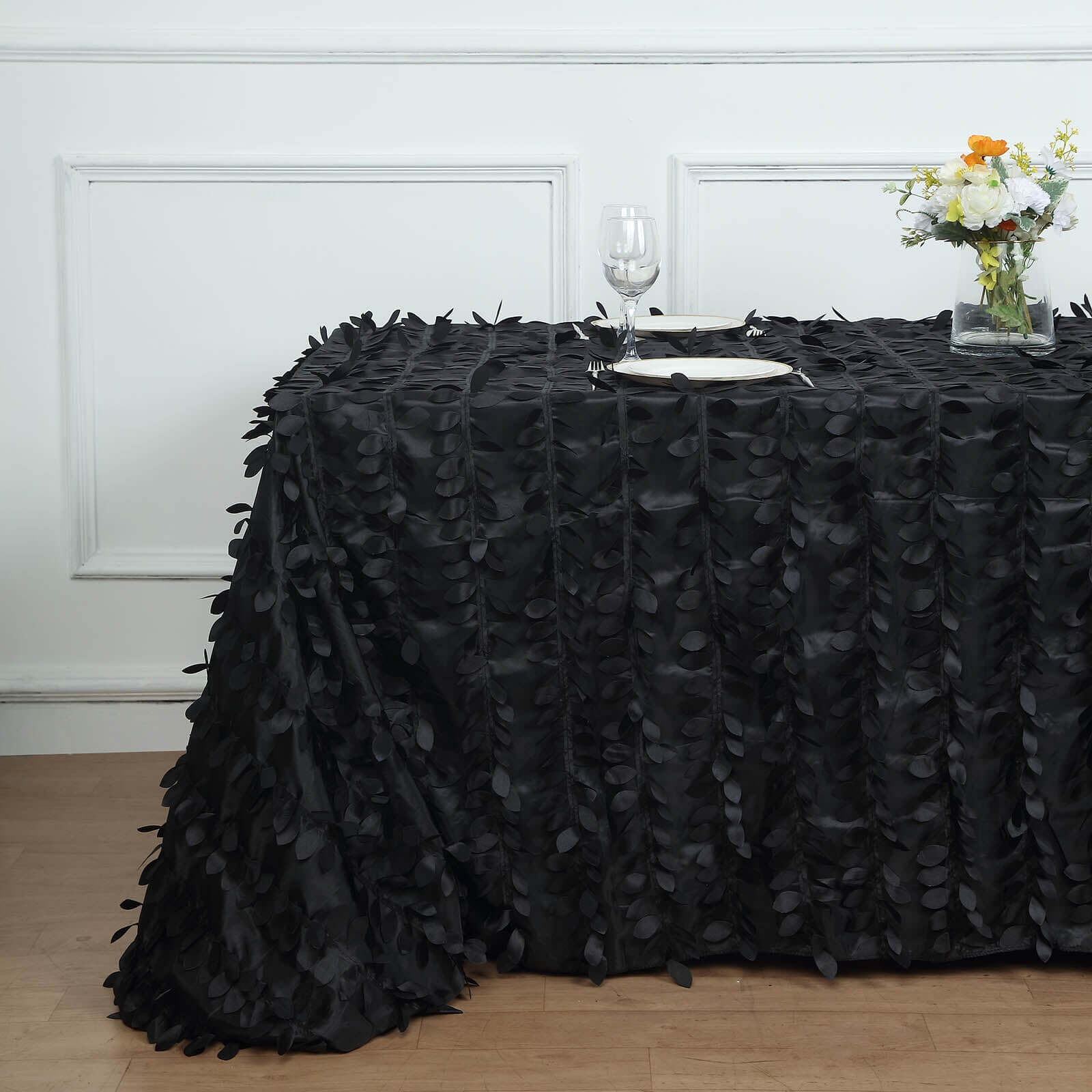 Taffeta 90"x156" Rectangle Tablecloth Black | 3D Leaf Petal Design Seamless Table Cover