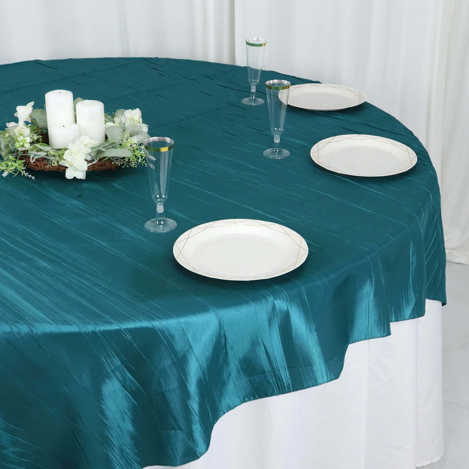 Taffeta 72"x72" Table Overlay Square Tablecloth Peacock Teal - Accordion Crinkle Table Cover