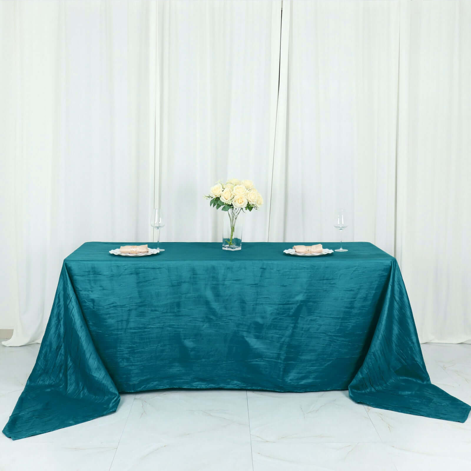 Taffeta 90"x156" Rectangle Tablecloth Teal - Accordion Crinkle Seamless Table Cover