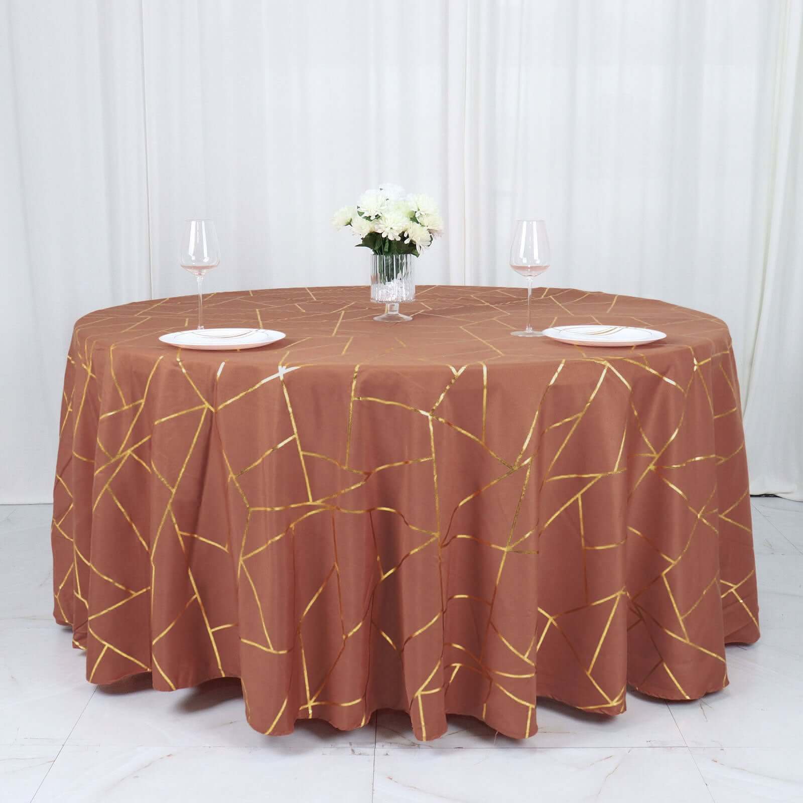 Polyester 120" Round Tablecloth Terracotta (Rust) with Gold Foil Geometric Pattern Wrinkle-Resistant Seamless Table Cover