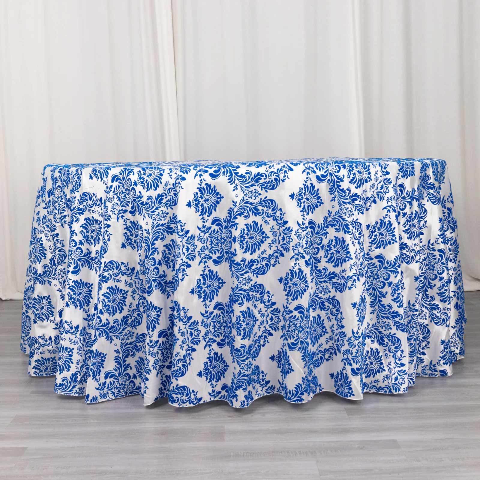 Taffeta 120" Round Tablecloth Royal Blue - Seamless Velvet Flocking Damask Table Cover