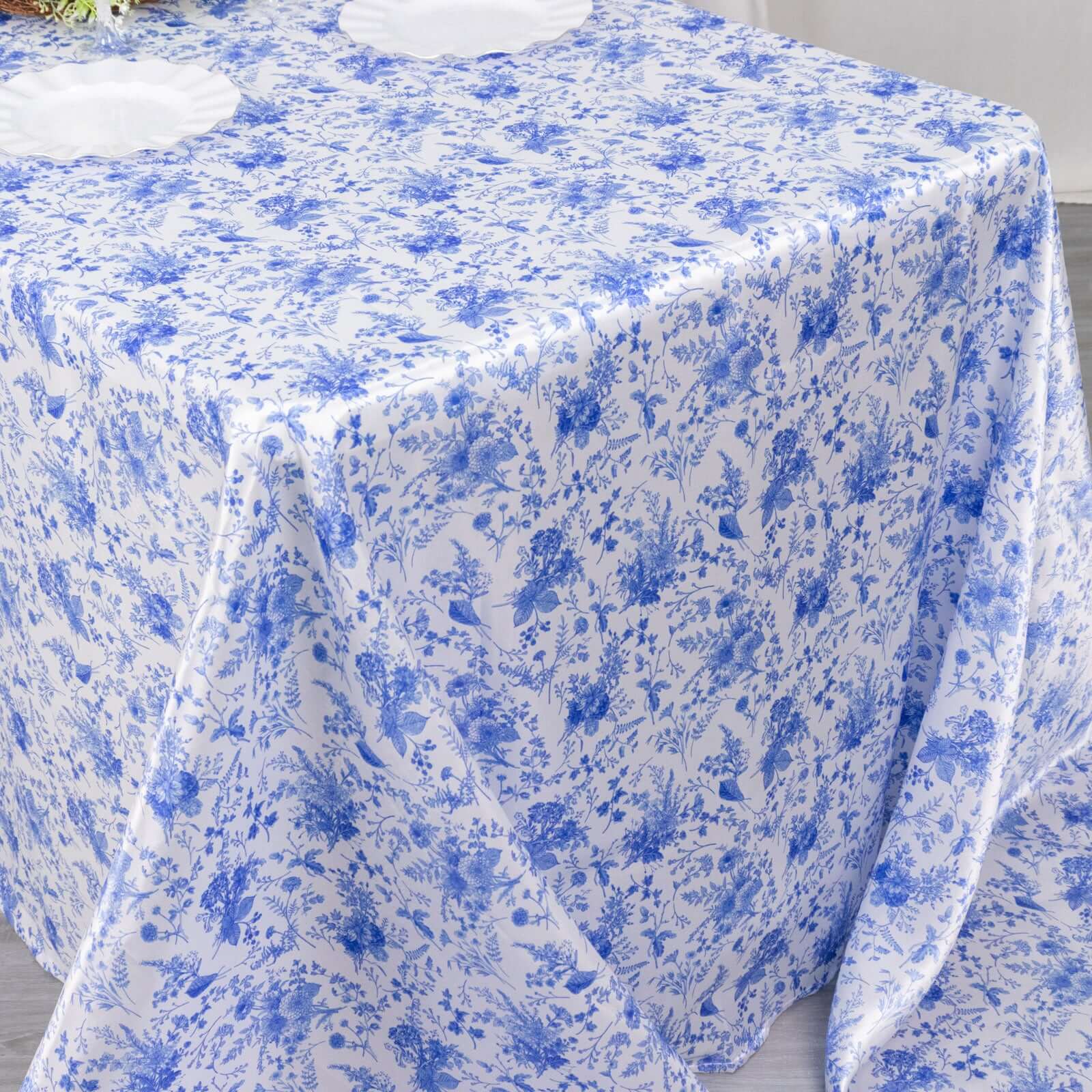 Satin Rectangular 90"x132" Tablecloth White/Blue French Toile Design - Seamless Stylish & Wrinkle-Resistant Table Cover
