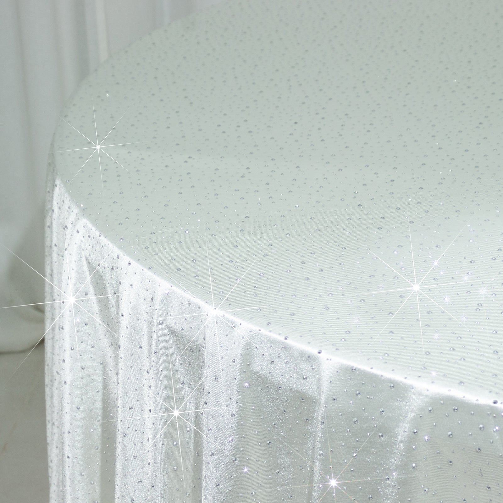 Scuba Round Tablecloth 120″ Pearl White with Rhinestone Accents – Seamless, Wrinkle-Free, Stain-Resistant Event Linen