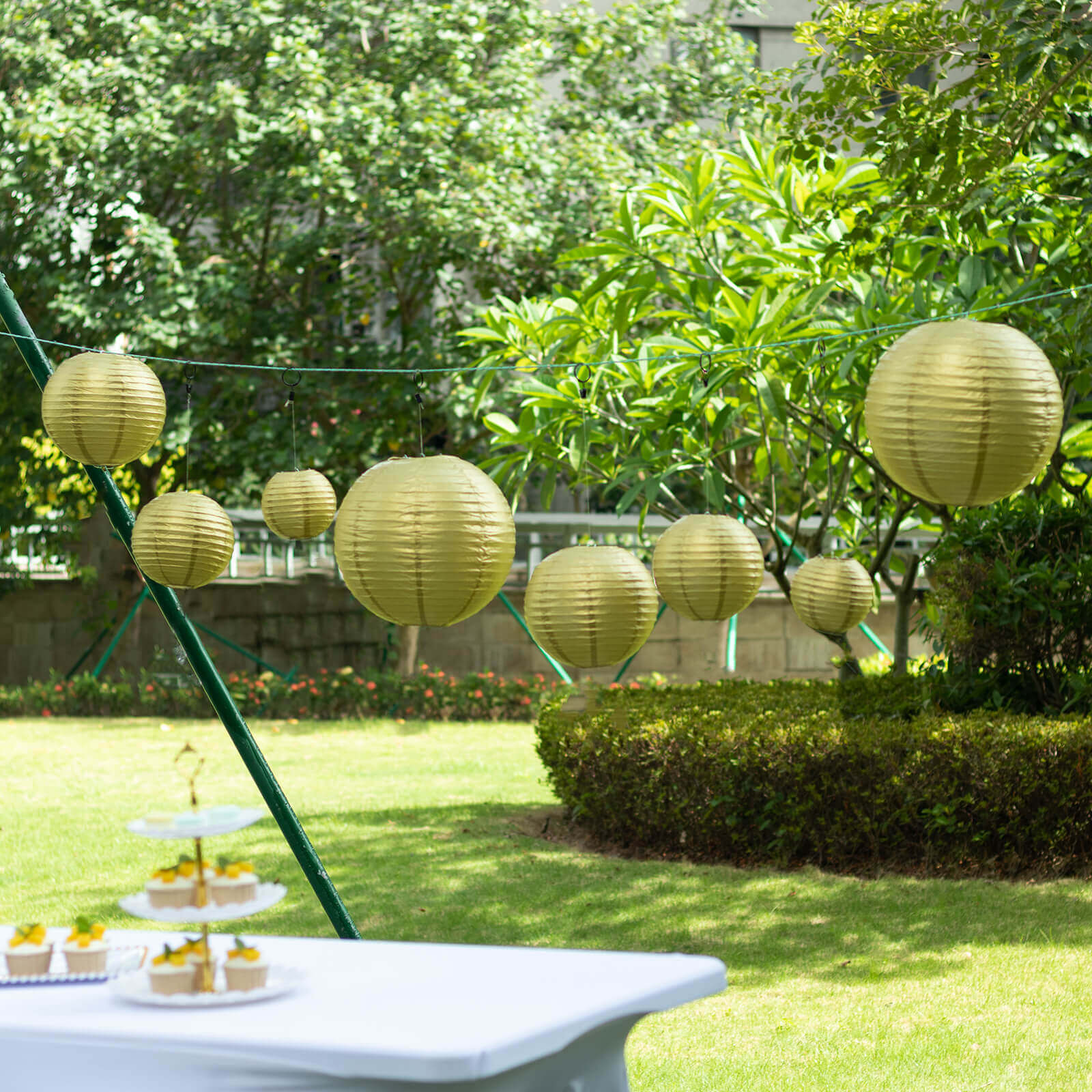 Set of 8 Gold Hanging Paper Lanterns, Decorative Round Chinese Sky Lanterns, Assorted Sizes  - 6",8",10",14"