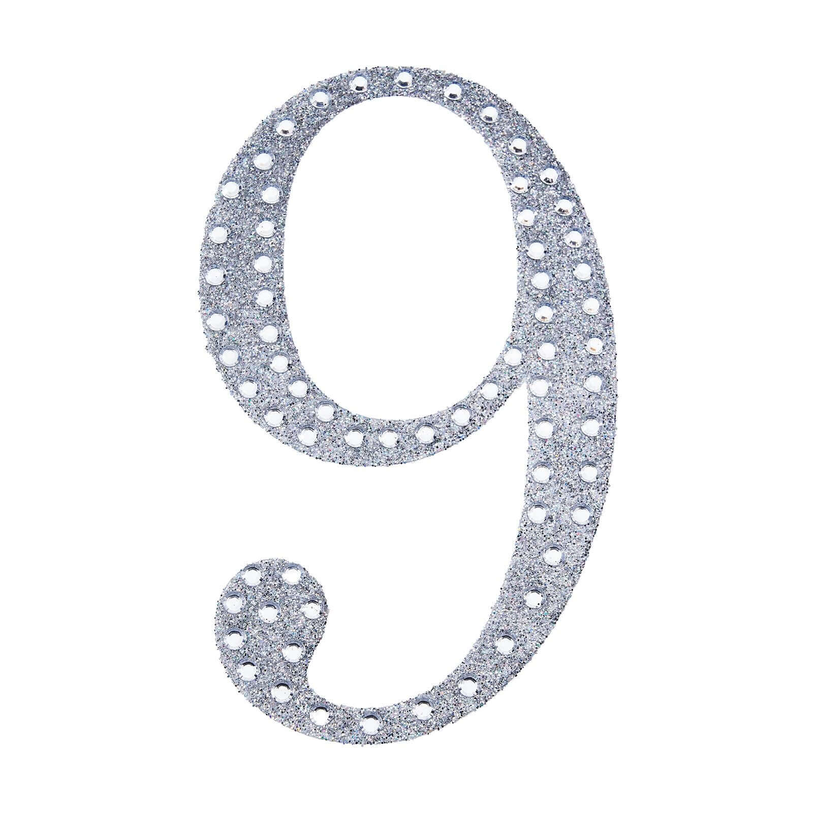 Decorative Rhinestone Number "9" Stickers, Glitter Adhesive Craft Numbers Silver DIY Sparkle Embellishments 4"