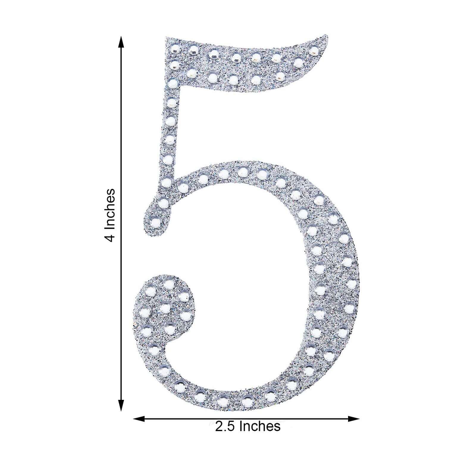 Decorative Rhinestone Number "5" Stickers, Glitter Adhesive Craft Numbers Silver DIY Sparkle Embellishments 4"