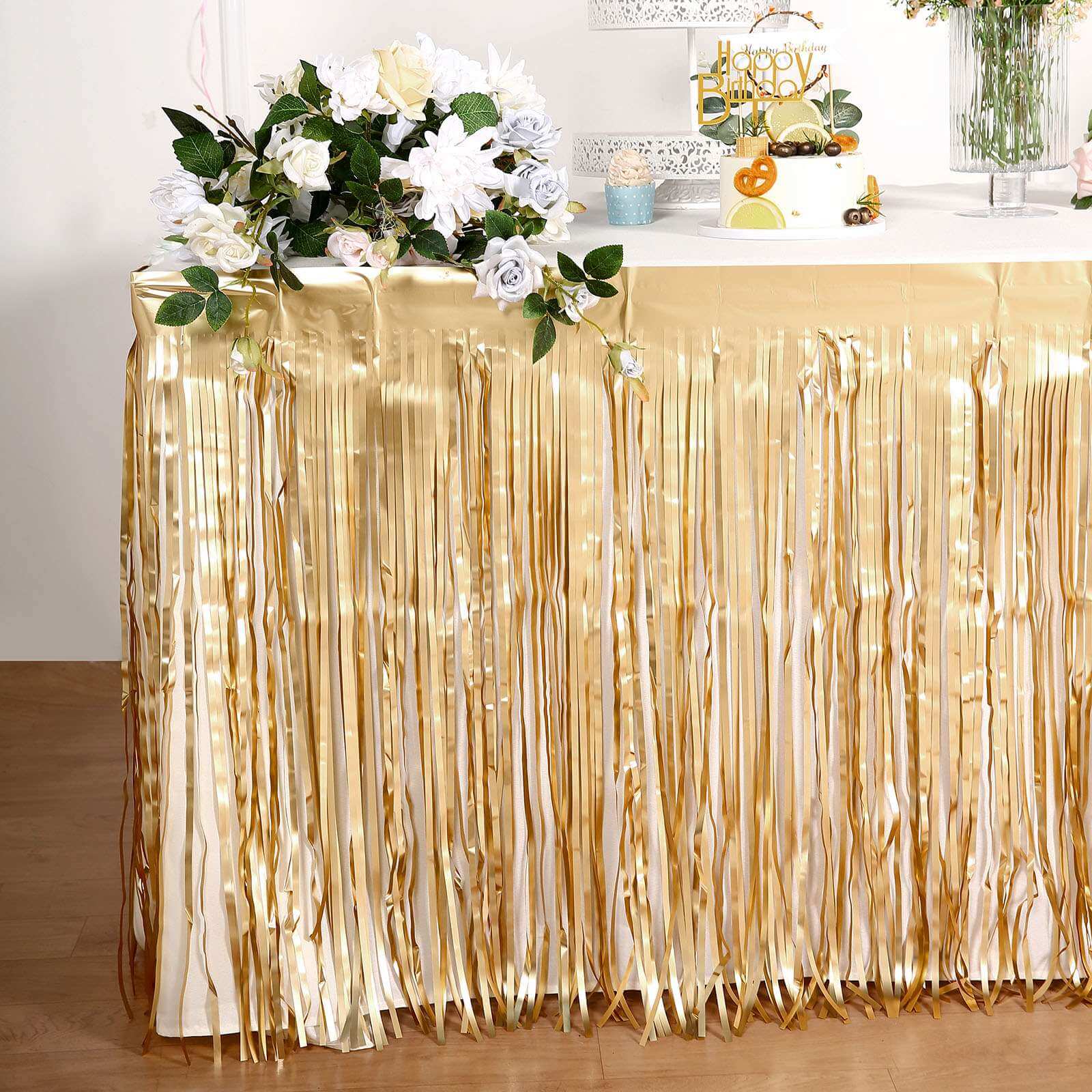 Metallic Foil Fringe Table Skirt Matte Gold with Self Adhesive Backing - Durable Tinsel Skirt for Parties 30"x9ft
