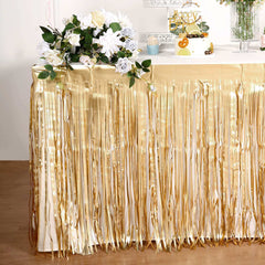 Metallic Foil Fringe Table Skirt Matte Gold with Self Adhesive Backing - Durable Tinsel Skirt for Parties 30"x9ft