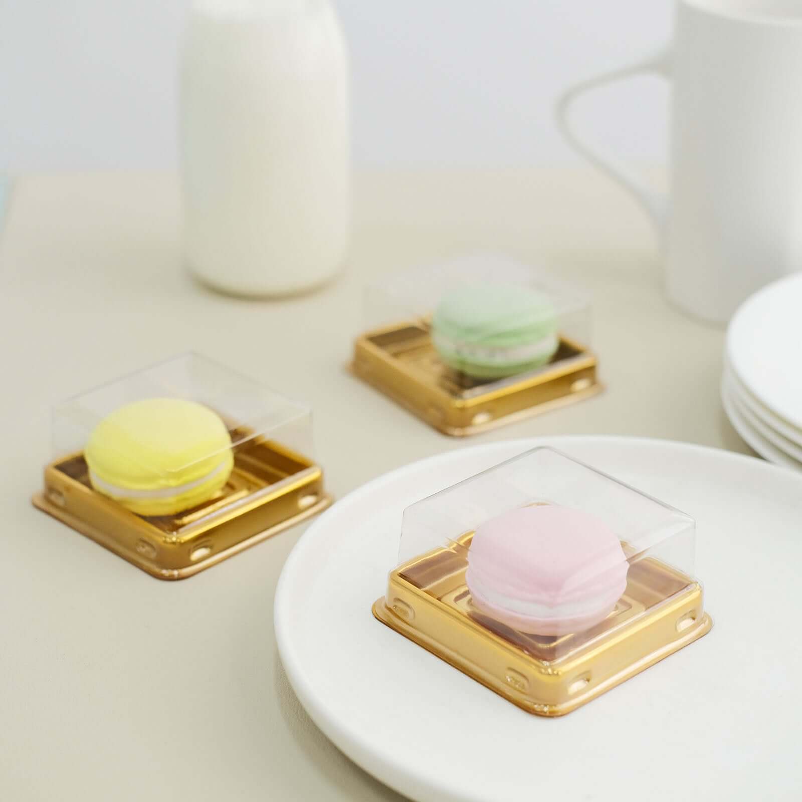 50-Pack Favor Containers Square Design Gold and Clear - Plastic Party Boxes for Cupcakes and Desserts 3"