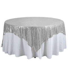 Sequin 90"x90" Table Overlay Square Tablecloth Silver - Sparkly Table Cover