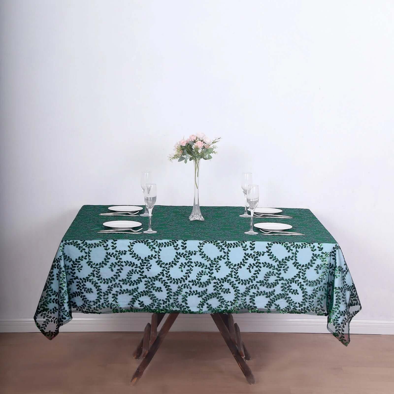 Tulle 72"x72" Table Overlay Square Tablecloth Hunter Emerald Green - Sequin Leaf Embroidered Table Topper