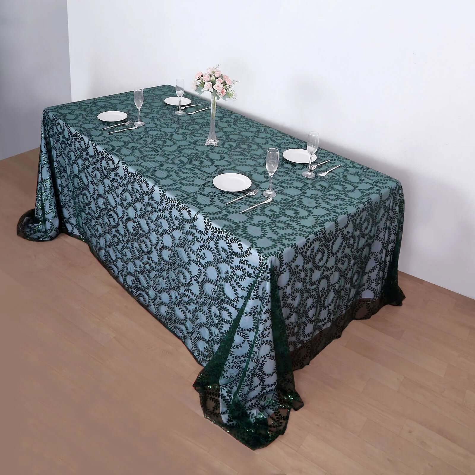 Tulle 90"x156" Rectangle Tablecloth Hunter Emerald Green - Sequin Leaf Embroidered Table Cover