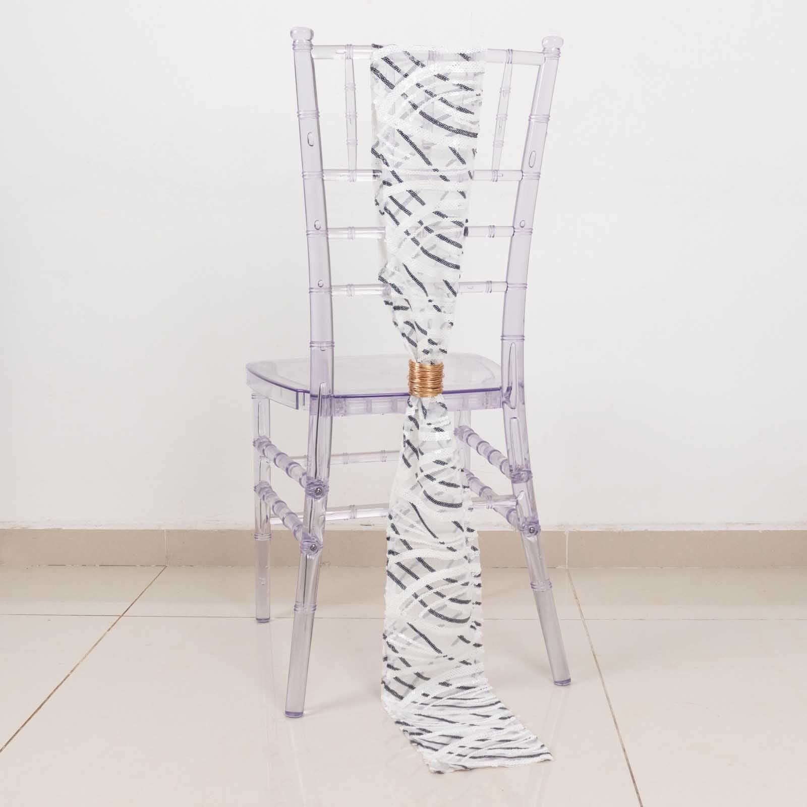 5 Pack Chair Sashes with Wave Embroidered Sequins White/Black 6"x88" - Stylish Glittering Decor for Weddings