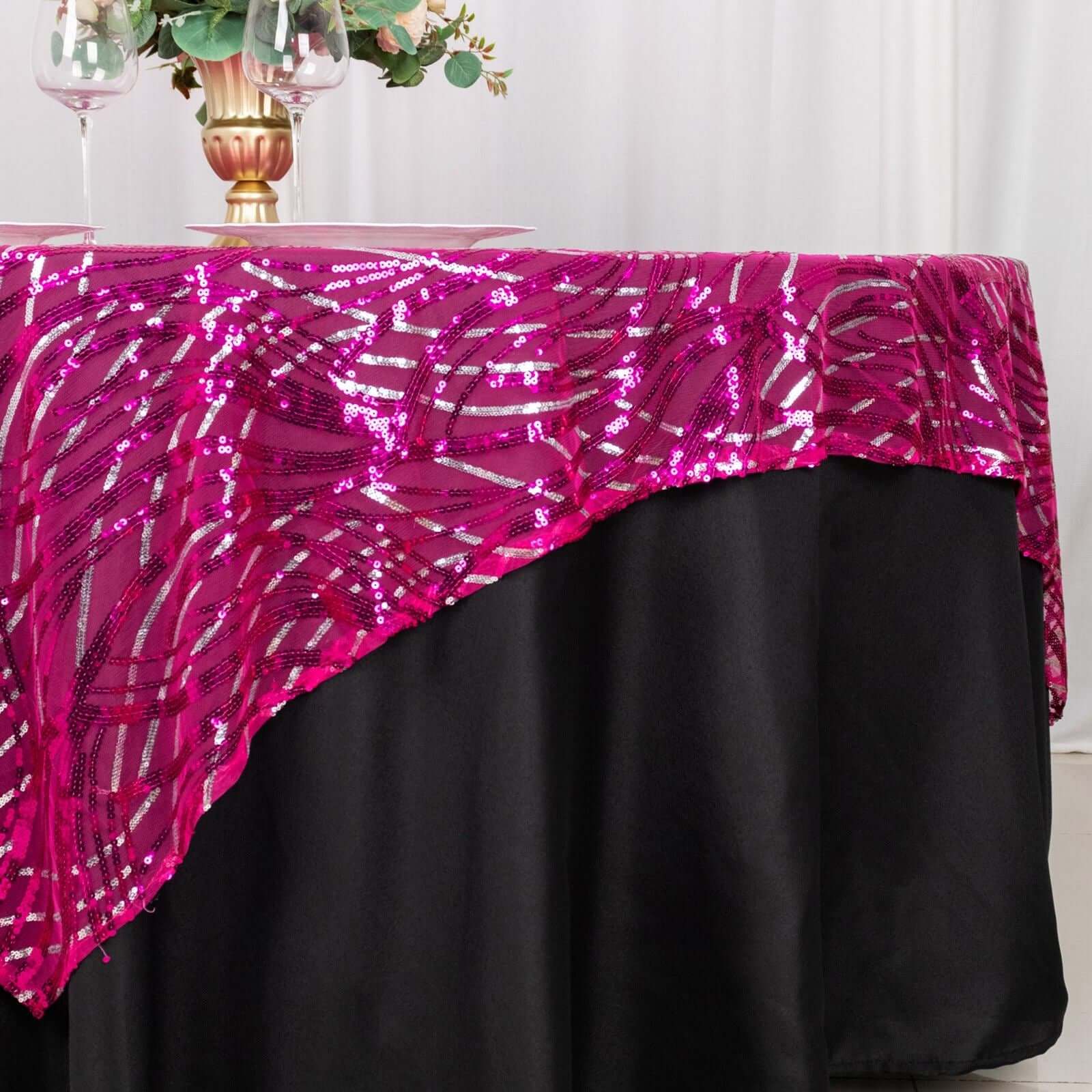 Mesh 72"x72" Table Overlay Square Tablecloth Fuchsia Silver - Wave Embroidered Sequins Table Topper