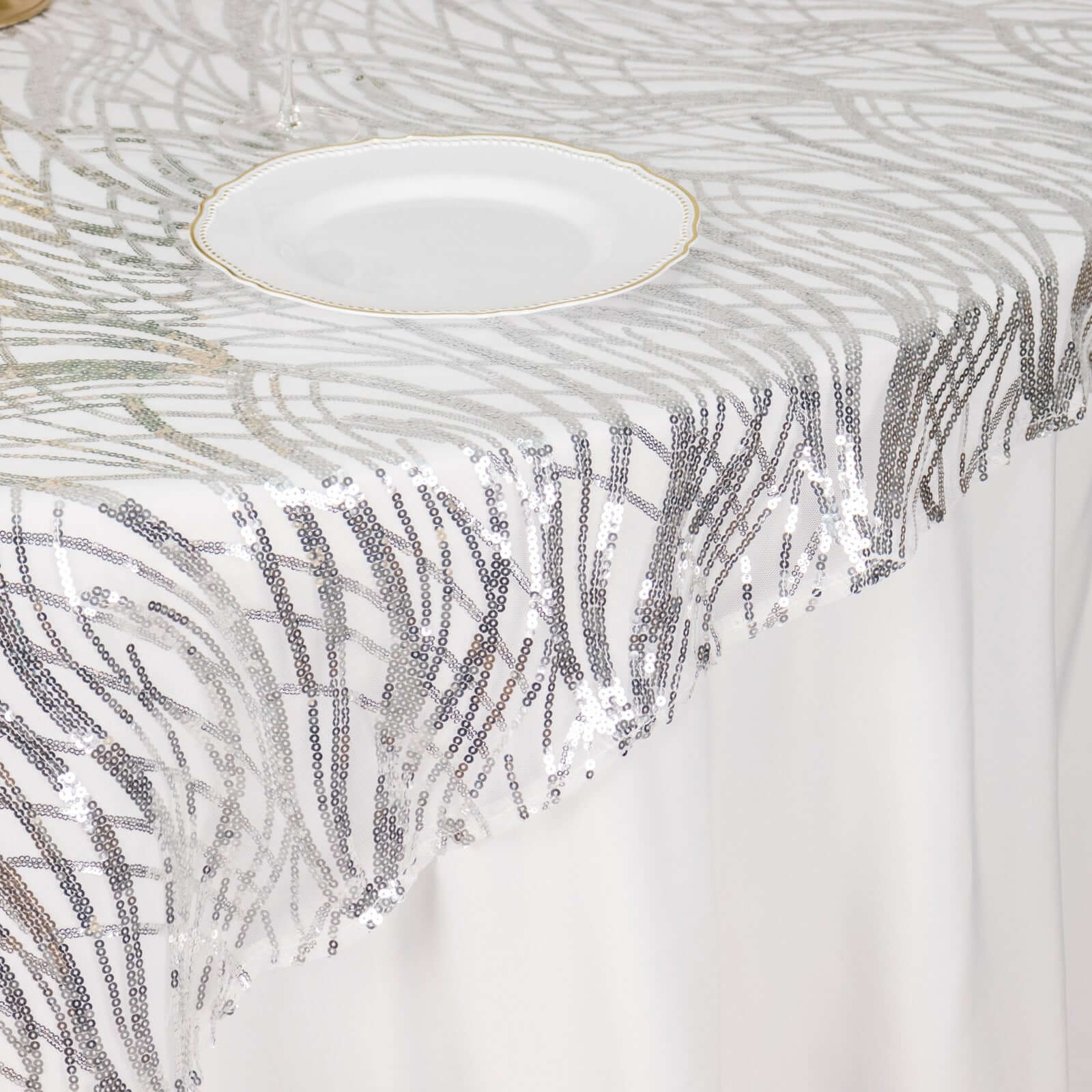 Mesh 72"x72" Table Overlay Square Tablecloth Silver - Wave Embroidered Sequins Table Topper