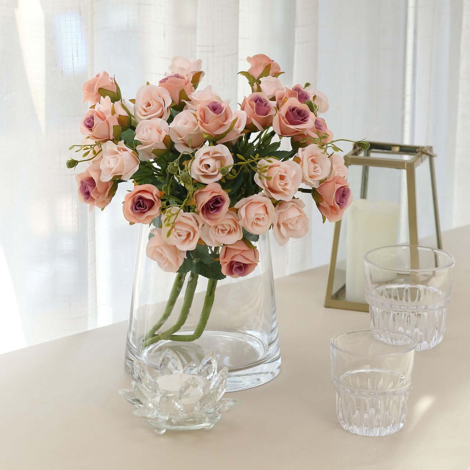 2 Pack 12" Blush Artificial Open Rose Flower Arrangements, Small Faux Floral Bouquets