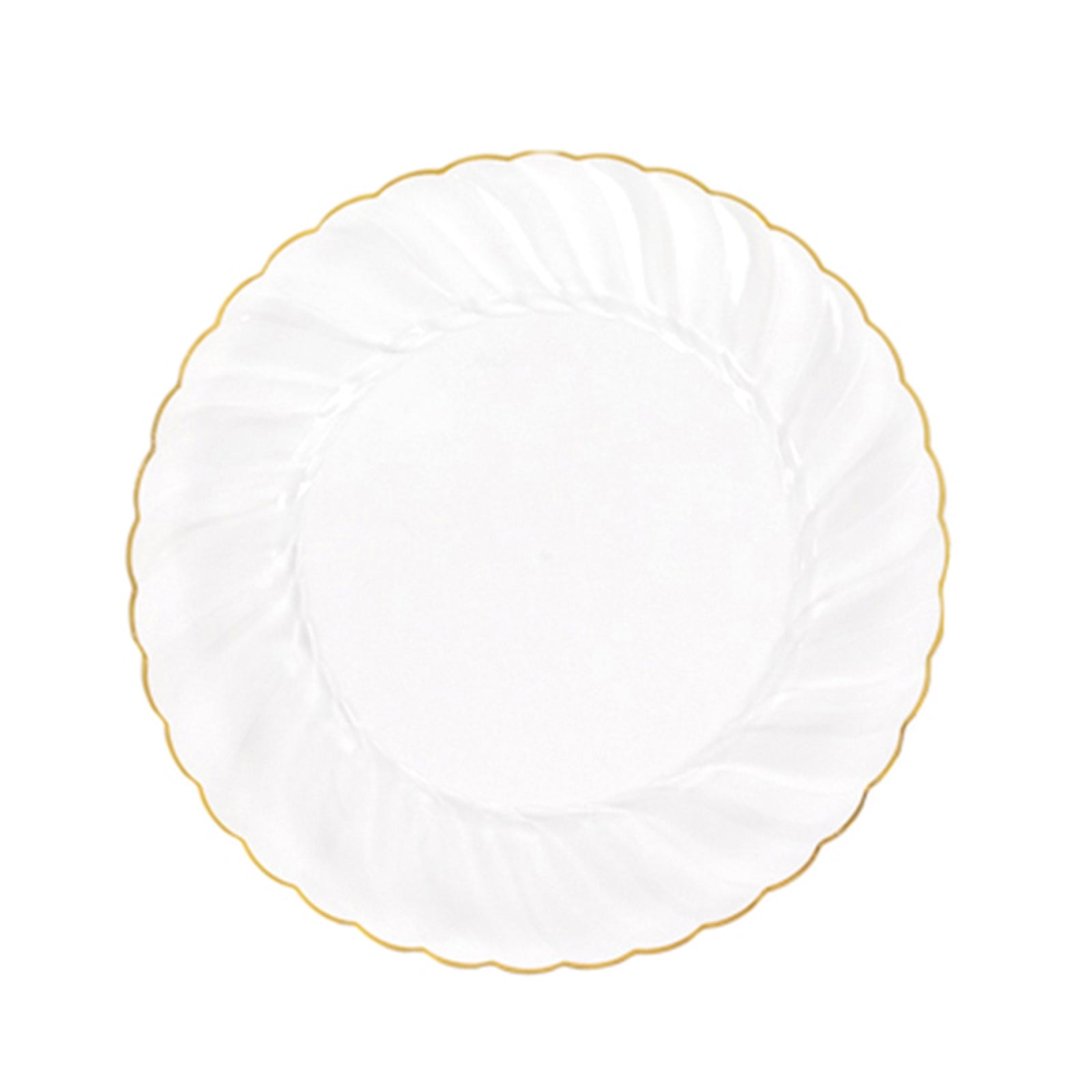 10-Pack Plastic 10" Round Dinner Plates in Clear with Gold Flair Rim - Disposable Party Plates for Upscale Banquets & Special Occasions
