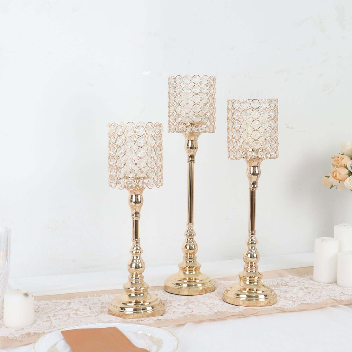 Set of 3 Crystal Beaded Goblet Votive Candle Holder Stands Gold - Tea Light Centerpiece 18", 16", 14"