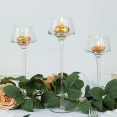 Set of 3 Glass Pedestal Vases Long Stem Clear - Tall Disc Candle Holders for Floral Centerpieces 8", 9", 10"