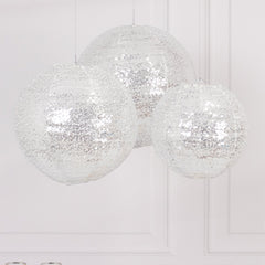 Set of 3 Glitter Silver Sequin Fabric Hanging Lanterns, Decorative Round Foldable Chinese Lantern Lampshades - 8",10",12"