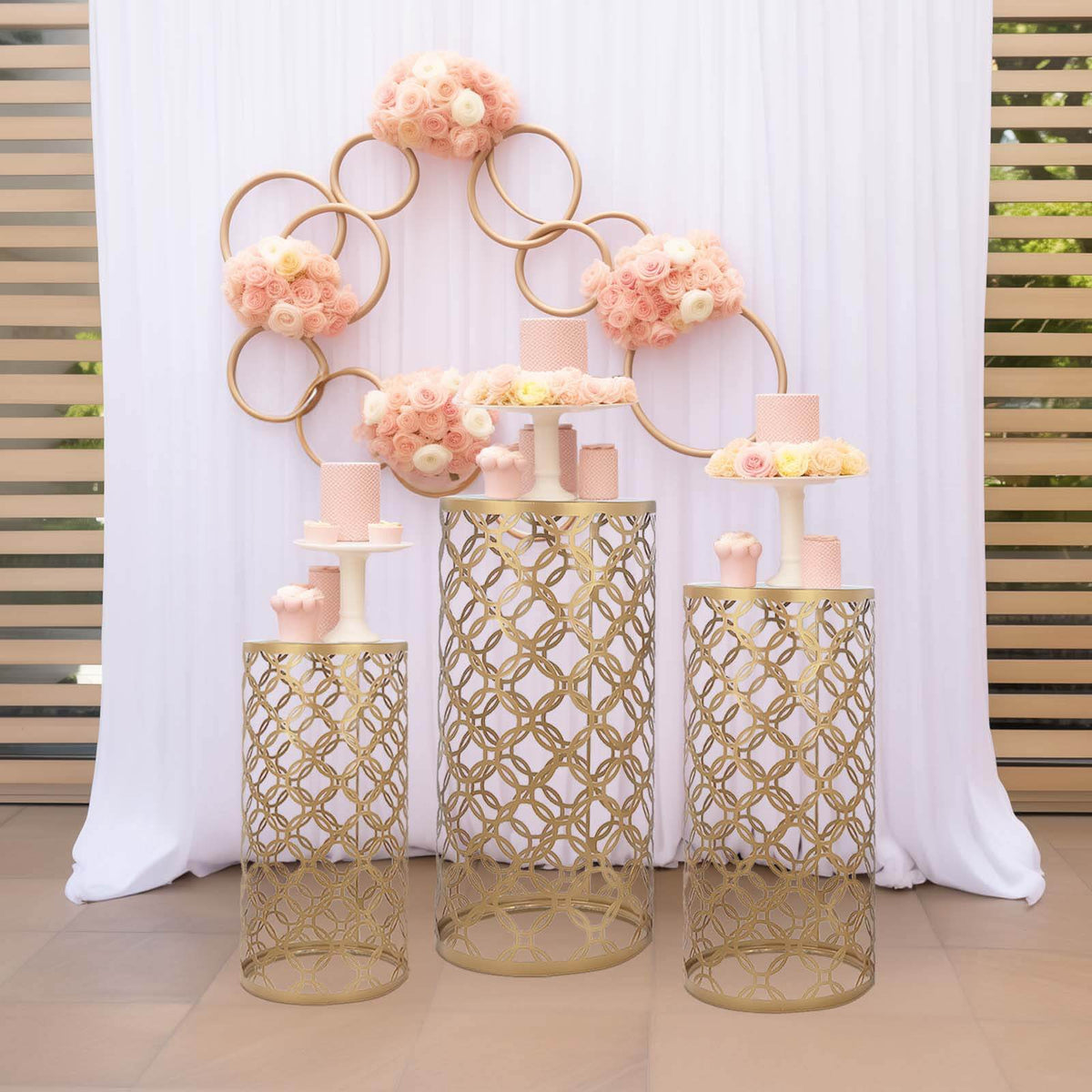 Set of 3 Gold Metal Cylinder Pillar Cake Display Stands, Round Mesh Plinth Pedestal Stand in Hollow Overlapping Circles Pattern - 22",24",30"