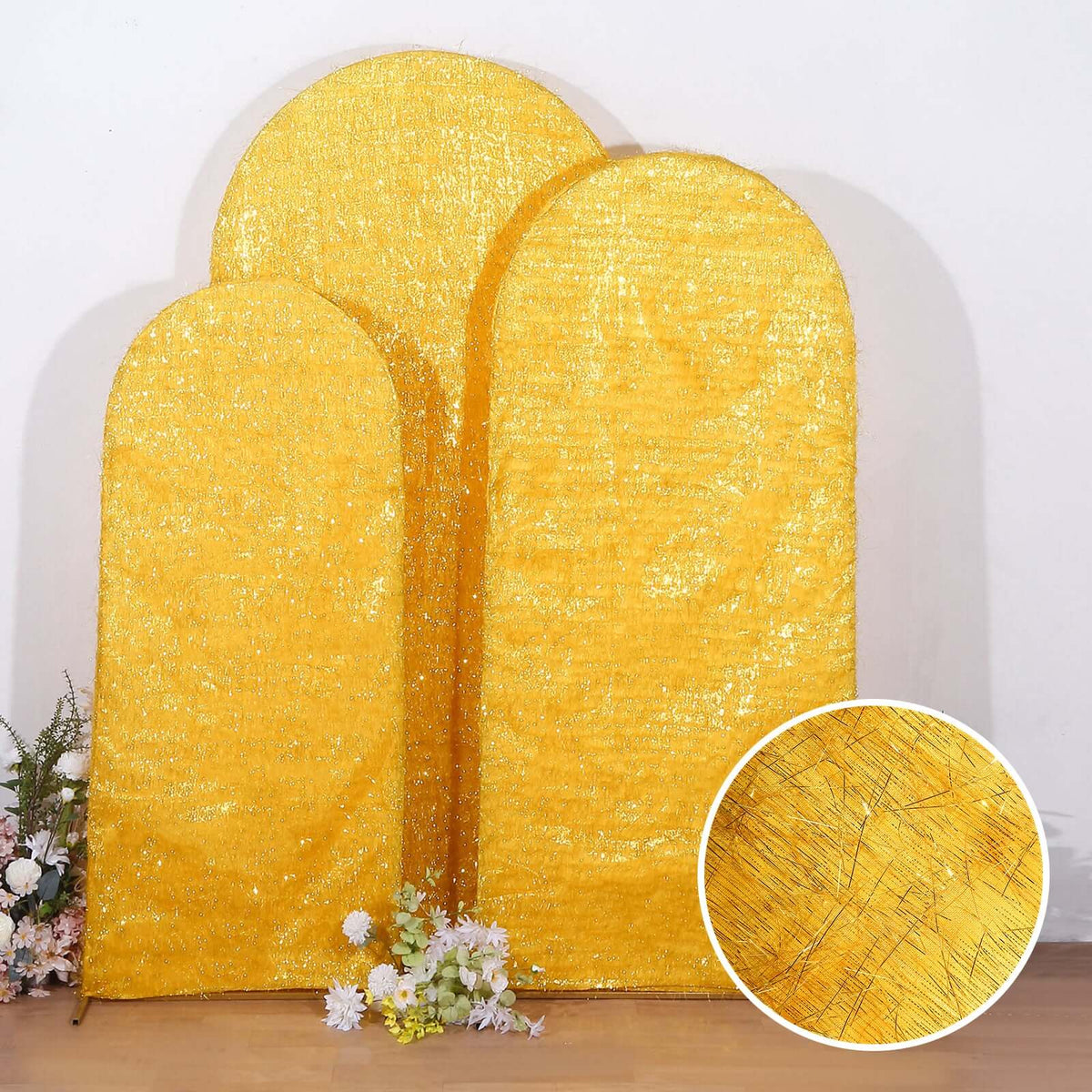 Set of 3 Gold Metallic Fringe Chiara Wedding Arch Covers, Fitted Covers For Round Top Backdrop Stands - 5ft, 6ft, 7ft