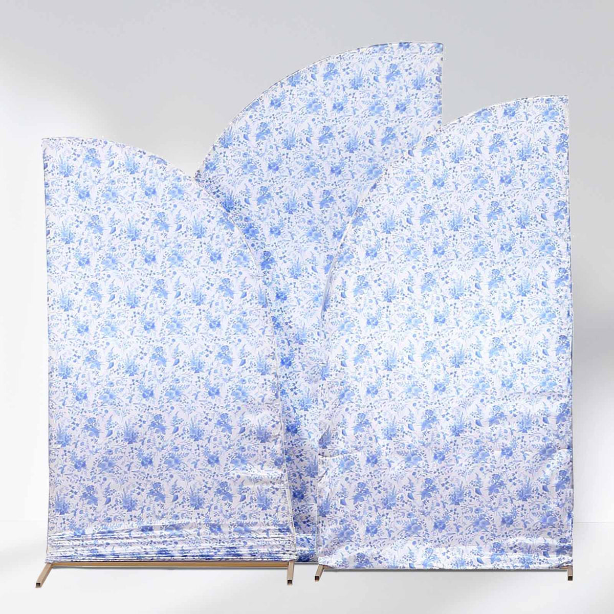 Set of 3 White Blue Satin Chiara Wedding Arch Covers in French Toile Floral Pattern, Fitted Covers For Half Moon Backdrop Stands - 5ft, 6ft, 7ft