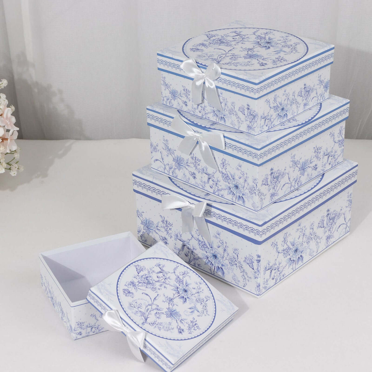 Set of 4 Cardstock Square Nesting Gift Boxes White Blue French Toile Design - Decorative Heavy Duty Stackable Keepsake Boxes With Lids for Presents Storage & Pedestal Stand 6",7",8",9"