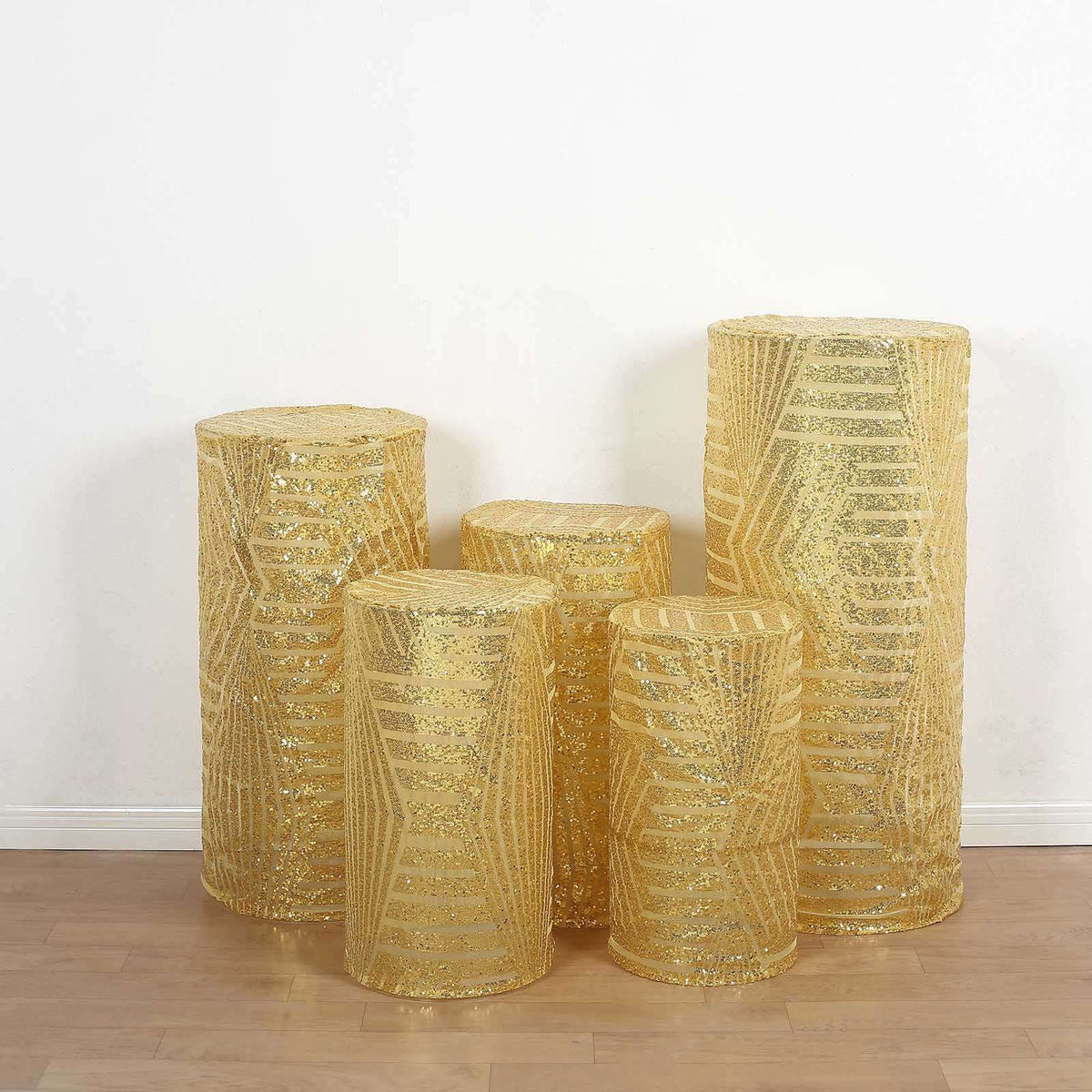 Set of 5 Gold Sequin Mesh Cylinder Pedestal Stand Covers with Geometric Pattern Embroidery, Sparkly Sheer Tulle Pillar Prop Covers