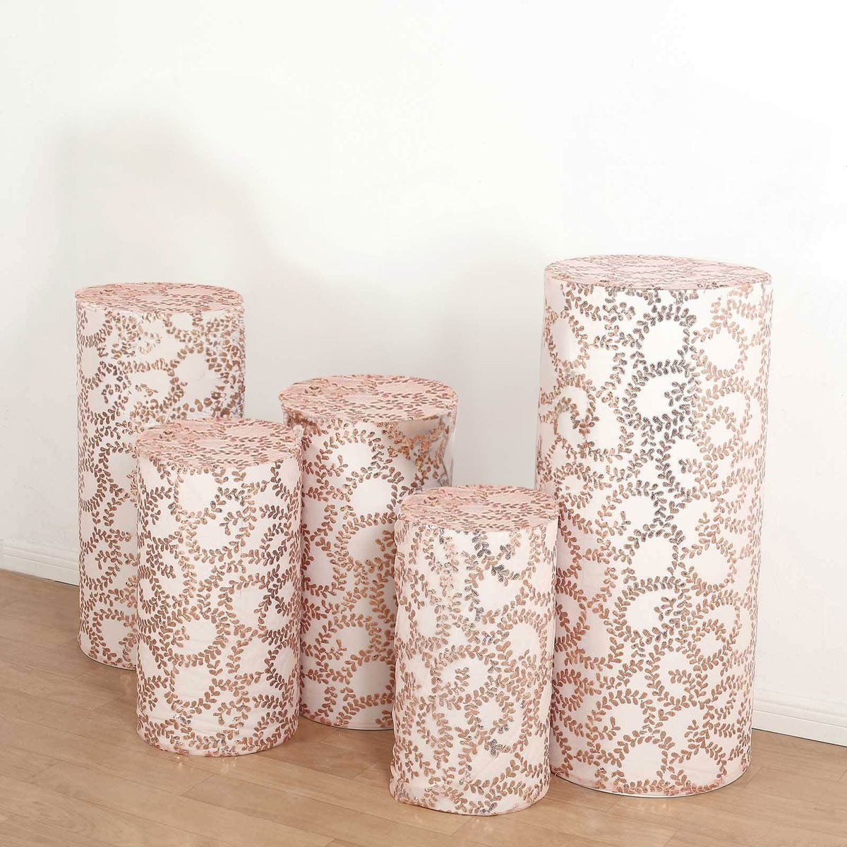 Set of 5 Rose Gold Sequin Mesh Cylinder Pedestal Stand Covers with Leaf Vine Embroidery, Sparkly Sheer Tulle Pillar Prop Covers