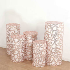 Set of 5 Rose Gold Sequin Mesh Cylinder Pedestal Stand Covers with Leaf Vine Embroidery, Sparkly Sheer Tulle Pillar Prop Covers