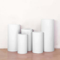 Set of 5 White Spandex Cylinder Pedestal Stand Covers, Stretchable Pillar Prop Covers - 160 GSM