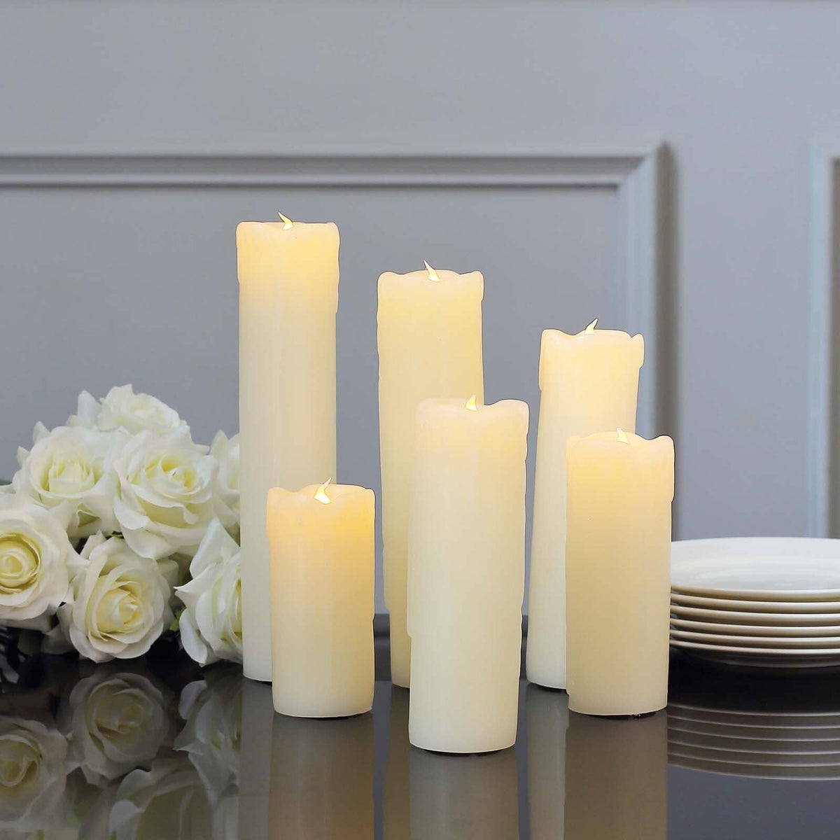 Set of 6 LED Flameless Luminaria Candles Drip Wax Ivory - Battery Operated Pillar Lighting